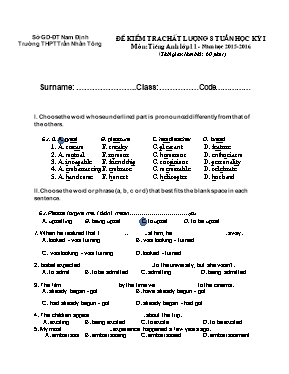 Đề kiểm tra chất luợng 8 tuần học kỳ I môn Tiếng Anh Lớp 11 - Năm học 2015-2016 - Trường THPT Trần Nhân Tông (Có đáp án)